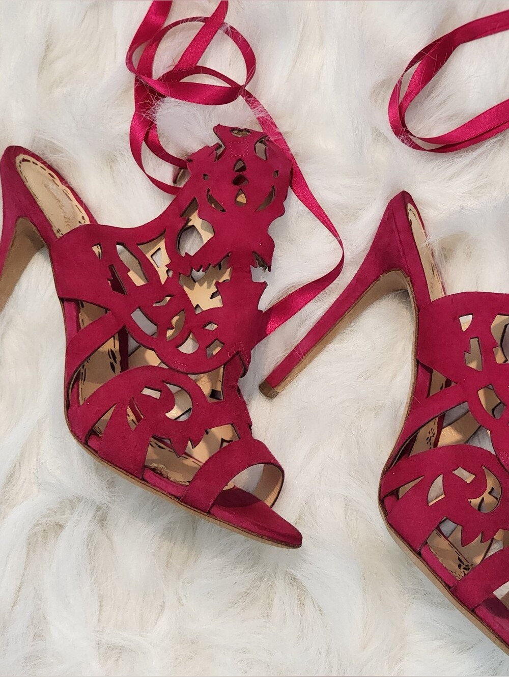 Marchesa Jessica Fuchsia Suede Laser Cut Lace-Up Heels EU 40 Made in Italy -